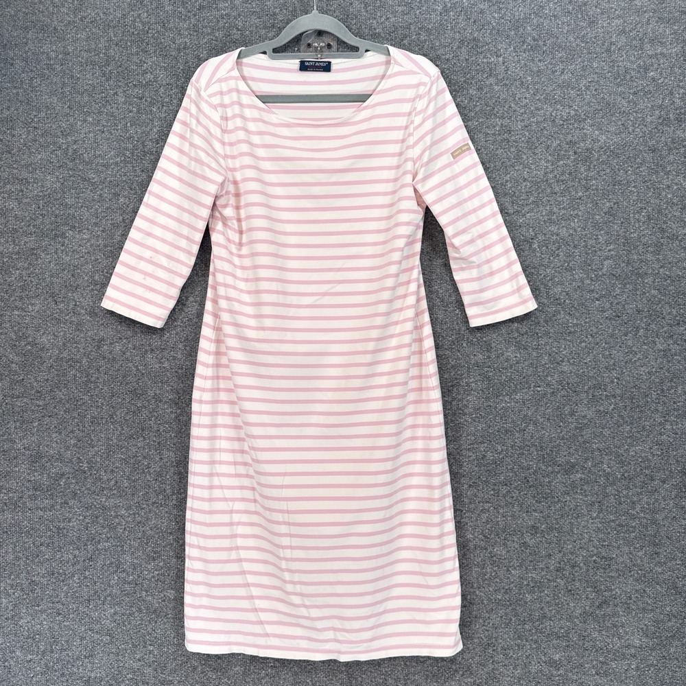 Saint James Dress Womens Medium Pink White Striped French Breton 3/4 Sleeve